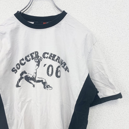 古着 used　半袖プリントリンガーTシャツ　サッカー　2006　ドイツ　白　ホワイト　黒　ブラック　Mサイズ