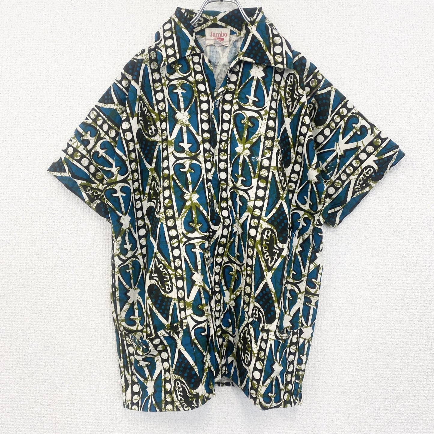 古着 used　Jambo　半袖プリント総柄シャツ　レトロデザイン　個性的　アロハ　派手　カラフル　ブルー　Lサイズ