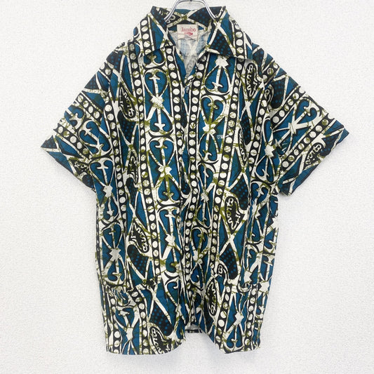 古着 used　Jambo　半袖プリント総柄シャツ　レトロデザイン　個性的　アロハ　派手　カラフル　ブルー　Lサイズ