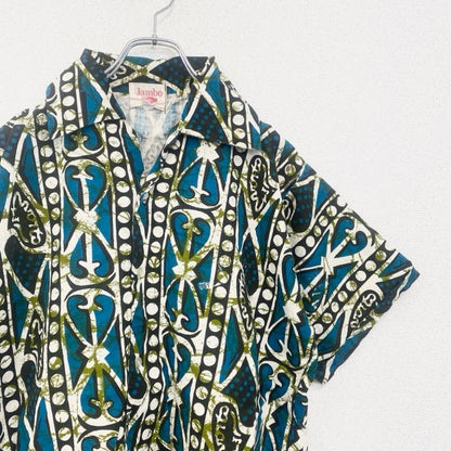 古着 used　Jambo　半袖プリント総柄シャツ　レトロデザイン　個性的　アロハ　派手　カラフル　ブルー　Lサイズ