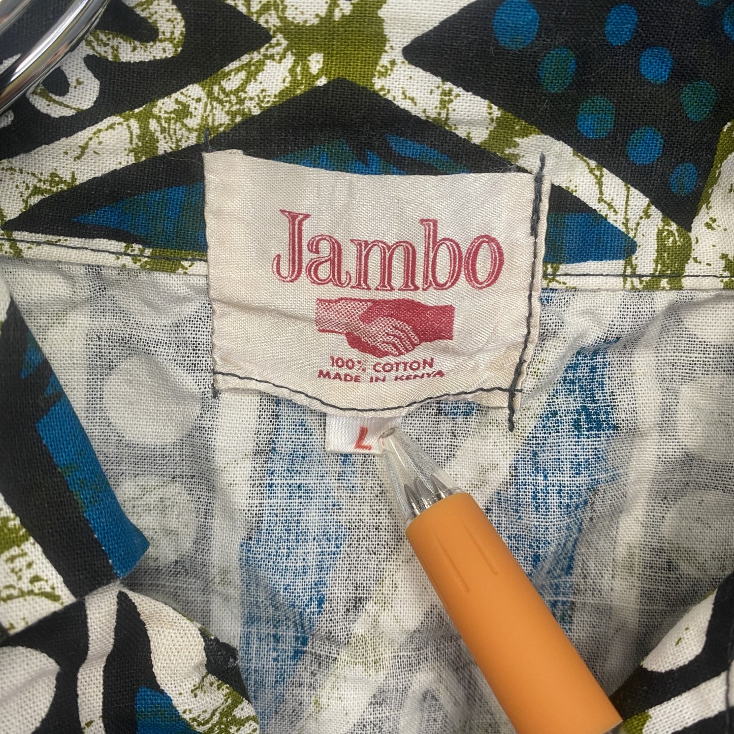 古着 used　Jambo　半袖プリント総柄シャツ　レトロデザイン　個性的　アロハ　派手　カラフル　ブルー　Lサイズ