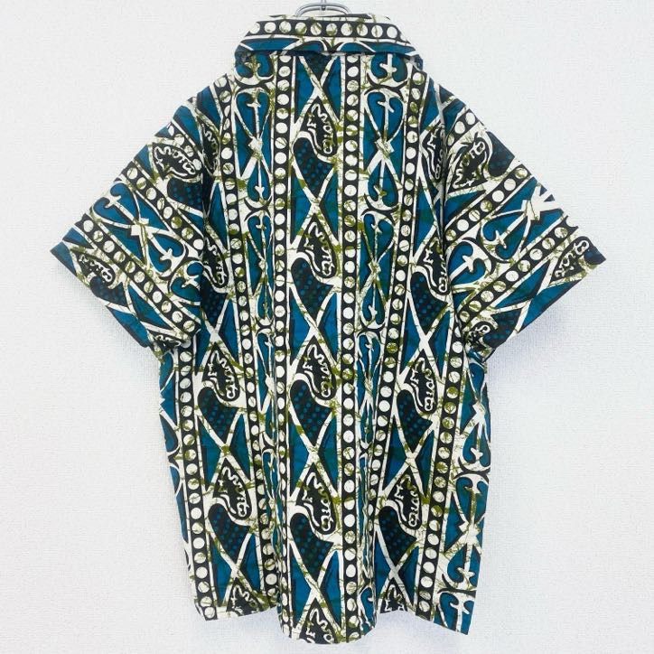 古着 used　Jambo　半袖プリント総柄シャツ　レトロデザイン　個性的　アロハ　派手　カラフル　ブルー　Lサイズ