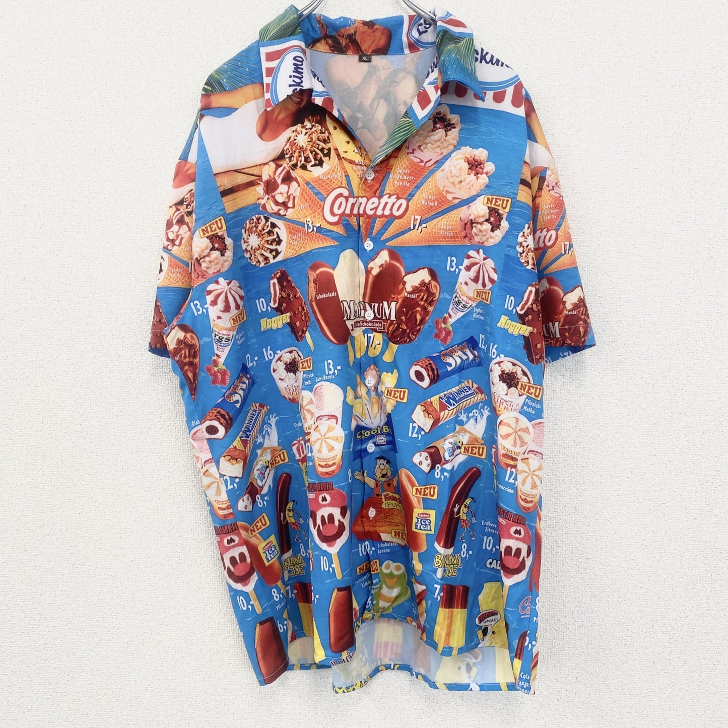 古着 used　半袖プリント総柄シャツ　レトロデザイン　アイスクリーム　アロハ　ハワイアン　カラフル　XLサイズ