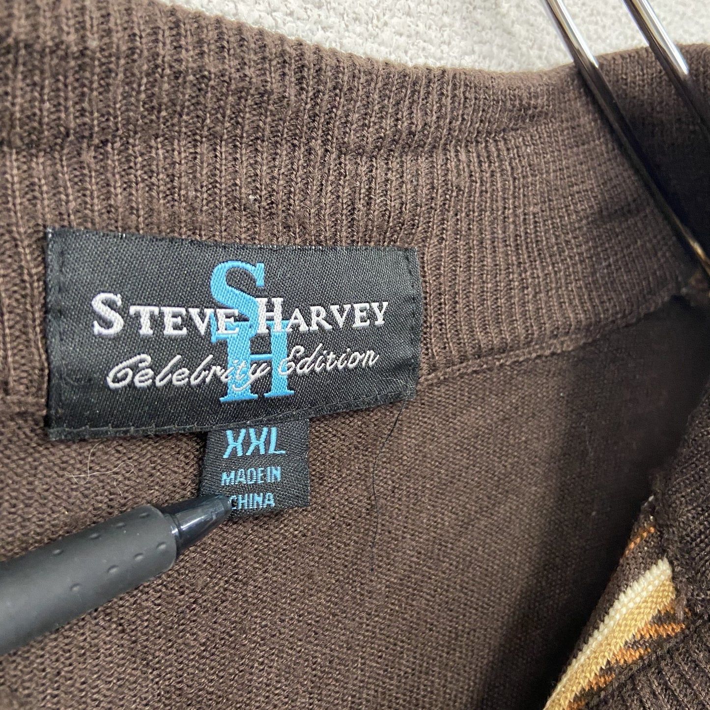 00s　STEVE HARVEY　COOGI風ハーフジップレーヨンニットセーター　3Dニット　総柄　ブラウン　XXLサイズ