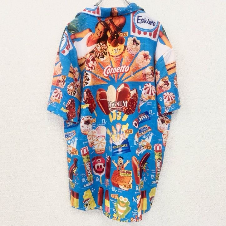 古着 used　半袖プリント総柄シャツ　レトロデザイン　アイスクリーム　アロハ　ハワイアン　カラフル　XLサイズ