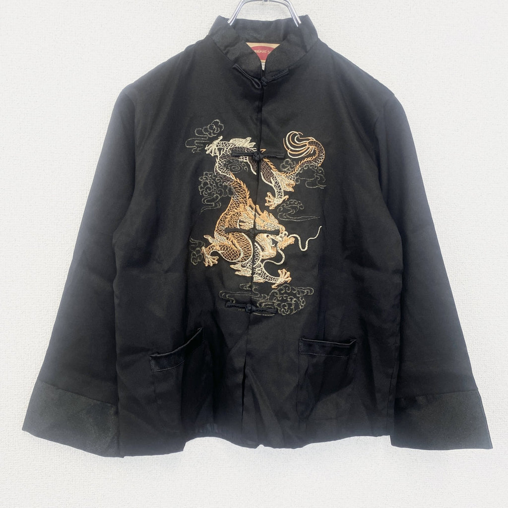 古着 used　長袖刺繍シャツ　レトロデザイン　チャイナ服　中華　中国　カンフー　ドラゴン　竜　金龍　黒　ブラック