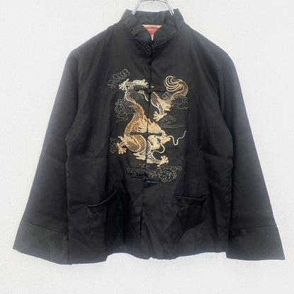 古着 used　長袖刺繍シャツ　レトロデザイン　チャイナ服　中華　中国　カンフー　ドラゴン　竜　金龍　黒　ブラック