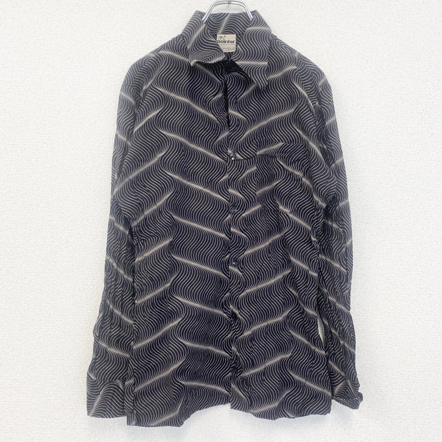 古着 used　pointter　長袖プリント総柄シャツ　レトロデザイン　奇抜　幾何学　胸ポケット　黒　ブラック