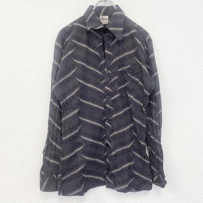 古着 used　pointter　長袖プリント総柄シャツ　レトロデザイン　奇抜　幾何学　胸ポケット　黒　ブラック