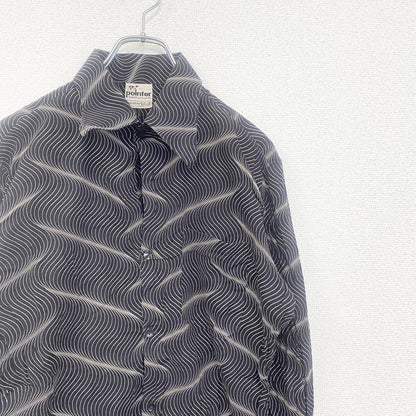 古着 used　pointter　長袖プリント総柄シャツ　レトロデザイン　奇抜　幾何学　胸ポケット　黒　ブラック