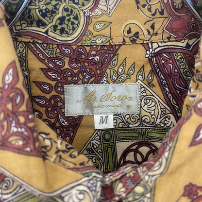 古着 used　長袖プリント総柄シャツ　レトロデザイン　ボタニカル　エスニック　幾何学模様　花　絨毯　Mサイズ
