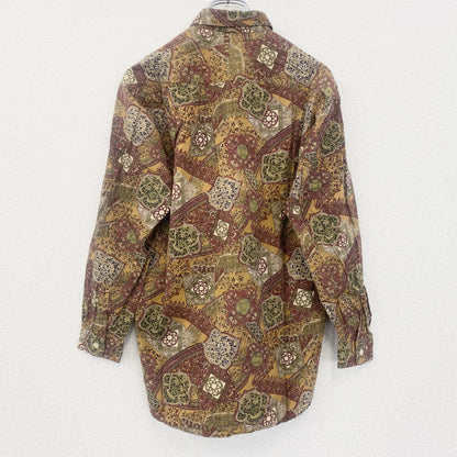 古着 used　長袖プリント総柄シャツ　レトロデザイン　ボタニカル　エスニック　幾何学模様　花　絨毯　Mサイズ