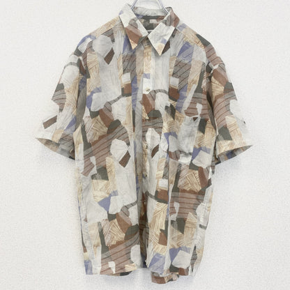 古着 used　KINGS PRIDE　半袖プリント総柄シャツ　レトロデザイン　幾何学模様　胸ポケット　アート　ベージュ　Lサイズ
