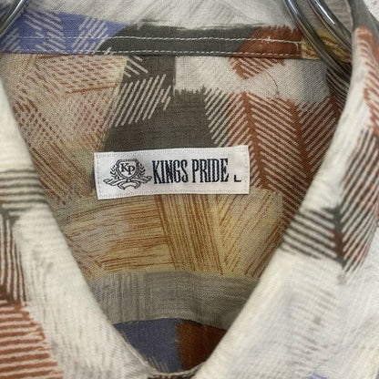 古着 used　KINGS PRIDE　半袖プリント総柄シャツ　レトロデザイン　幾何学模様　胸ポケット　アート　ベージュ　Lサイズ
