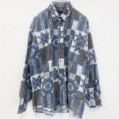 古着 used　DISCIPLE　長袖プリント総柄シャツ　レトロデザイン　幾何学模様　胸ポケット　カジュアル　青　ブルー　Lサイズ