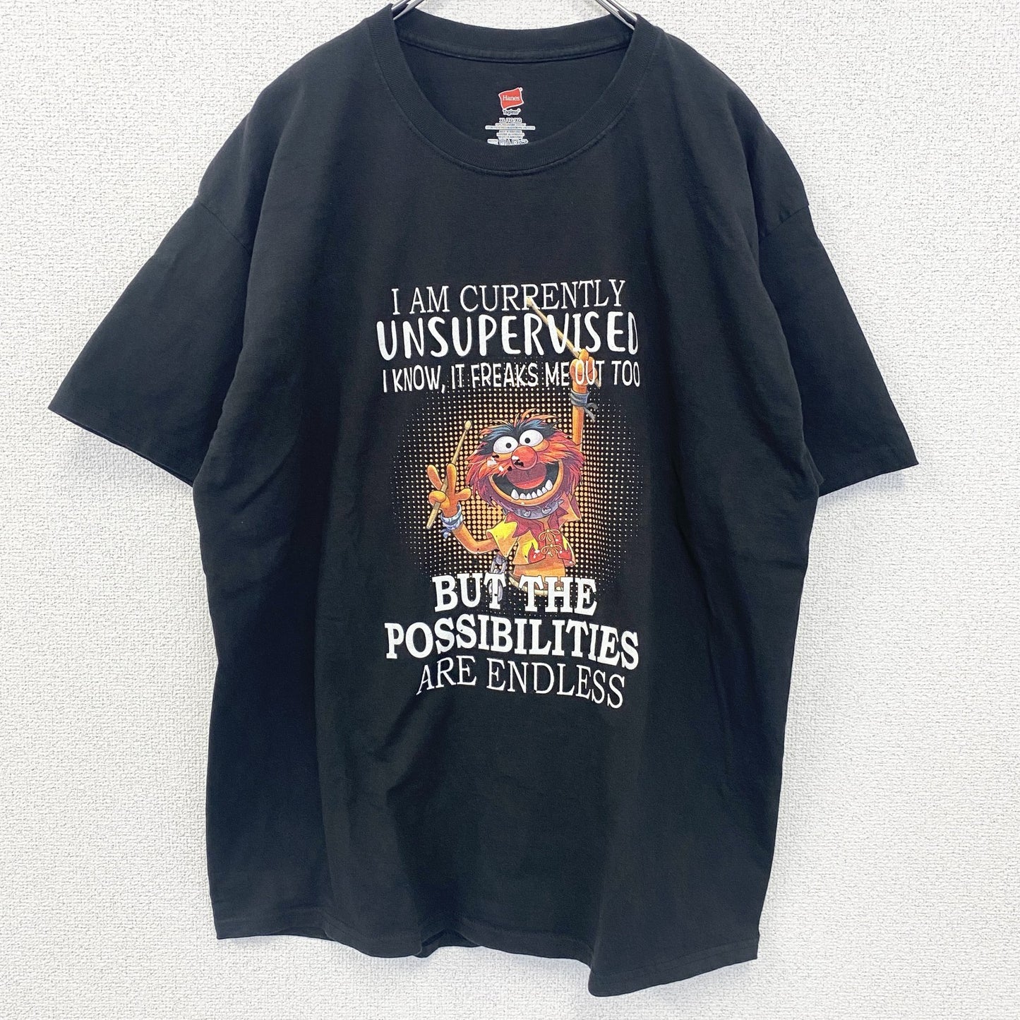 古着 used　Hanes 　ヘインズ　半袖プリントTシャツ　ドラマー　キャラクター　ドラム　黒　ブラック　XLサイズ