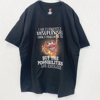 古着 used　Hanes 　ヘインズ　半袖プリントTシャツ　ドラマー　キャラクター　ドラム　黒　ブラック　XLサイズ