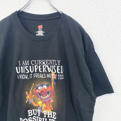 古着 used　Hanes 　ヘインズ　半袖プリントTシャツ　ドラマー　キャラクター　ドラム　黒　ブラック　XLサイズ