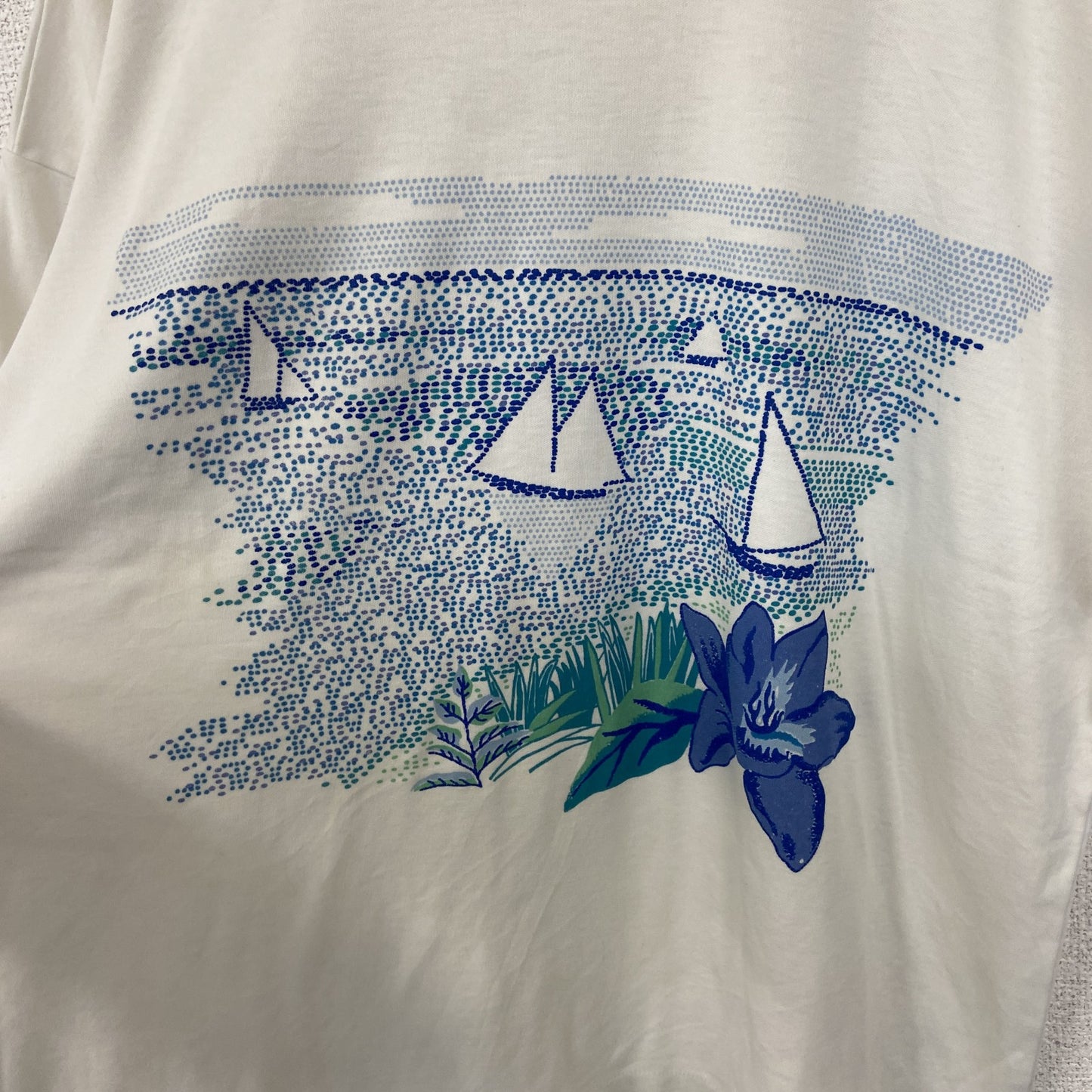 古着 used　半袖プリントTシャツ　船　海　景色　カジュアルデザイン　白　ホワイト　シングルステッチ　90s　Mサイズ