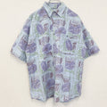 古着 used　半袖プリント総柄シャツ　レトロデザイン　アロハ　葉っぱ　草　リーフ　胸ポケット　植物　水色　ブルー　Mサイズ