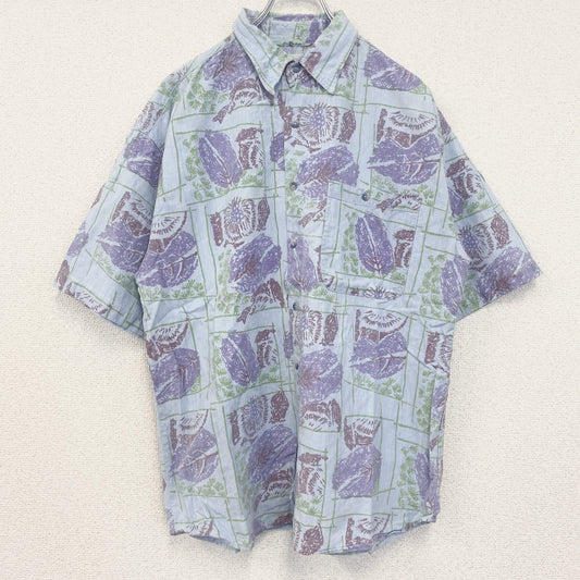 古着 used　半袖プリント総柄シャツ　レトロデザイン　アロハ　葉っぱ　草　リーフ　胸ポケット　植物　水色　ブルー　Mサイズ