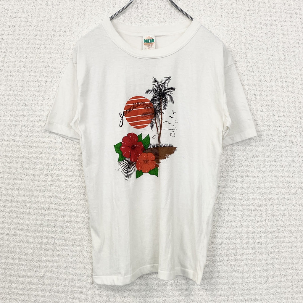 古着 used　OCEAN　半袖プリントTシャツ　ハイビスカス　カジュアルデザイン　白　シングルステッチ　90s　Mサイズ