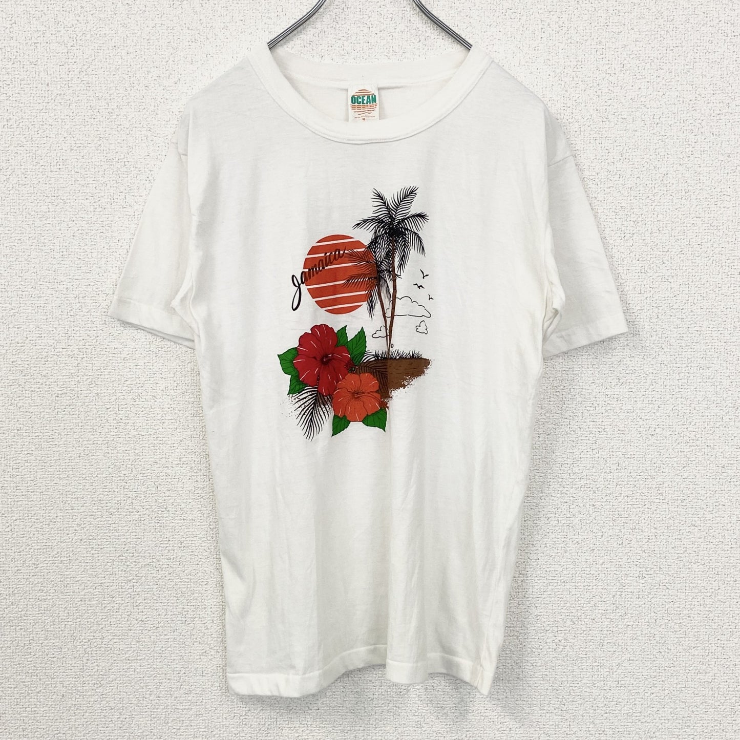古着 used　OCEAN　半袖プリントTシャツ　ハイビスカス　カジュアルデザイン　白　シングルステッチ　90s　Mサイズ