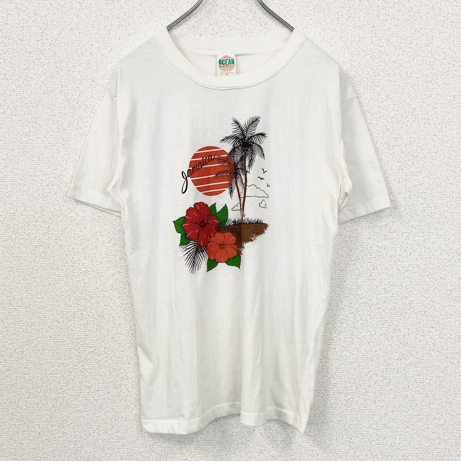 古着 used　OCEAN　半袖プリントTシャツ　ハイビスカス　カジュアルデザイン　白　シングルステッチ　90s　Mサイズ