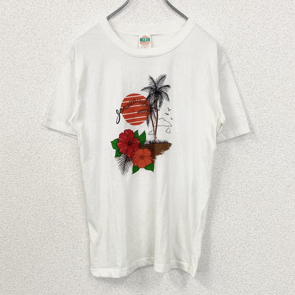 古着 used　OCEAN　半袖プリントTシャツ　ハイビスカス　カジュアルデザイン　白　シングルステッチ　90s　Mサイズ