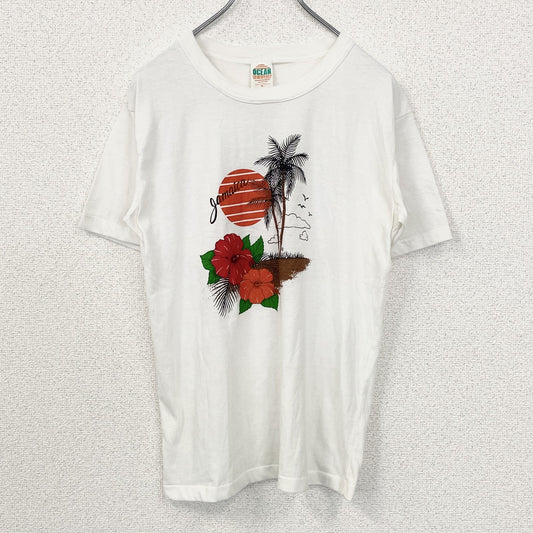古着 used　OCEAN　半袖プリントTシャツ　ハイビスカス　カジュアルデザイン　白　シングルステッチ　90s　Mサイズ