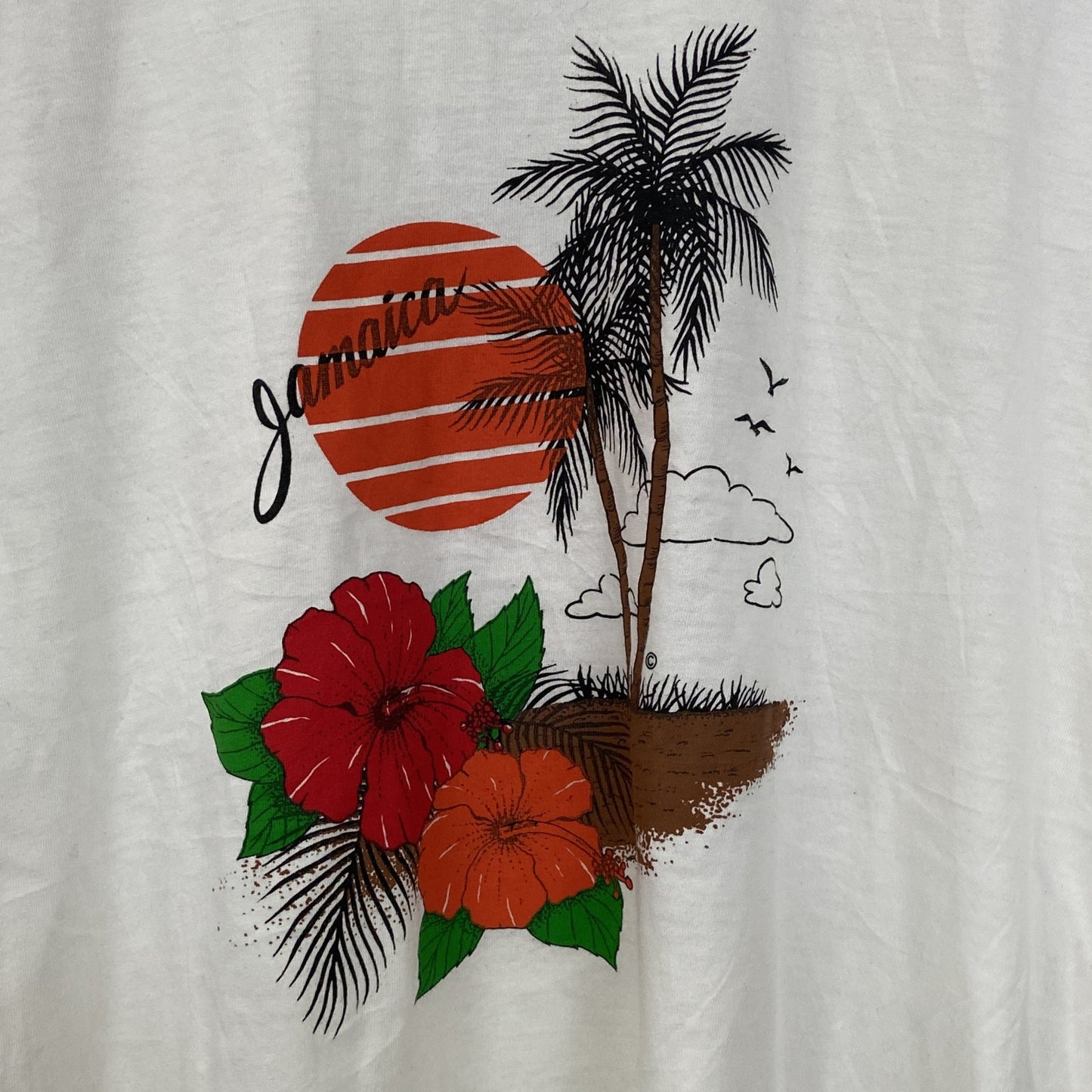 古着 used　OCEAN　半袖プリントTシャツ　ハイビスカス　カジュアルデザイン　白　シングルステッチ　90s　Mサイズ