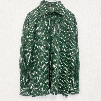 古着 used　長袖プリント総柄シャツ　レトロデザイン　ストライプ　個性的　派手　カジュアル　カラフル　緑　グリーン