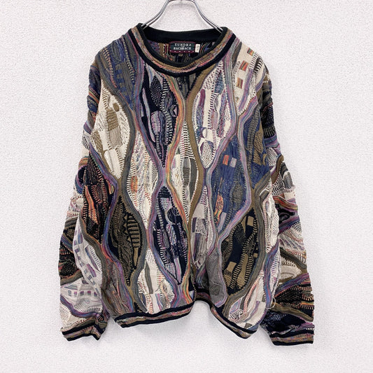 ～90s　TUNDRA FOR BACHRACH　COOGI風ニットセーター　3Dニット　ヴィンテージ　総柄　マルチカラー　XLサイズ