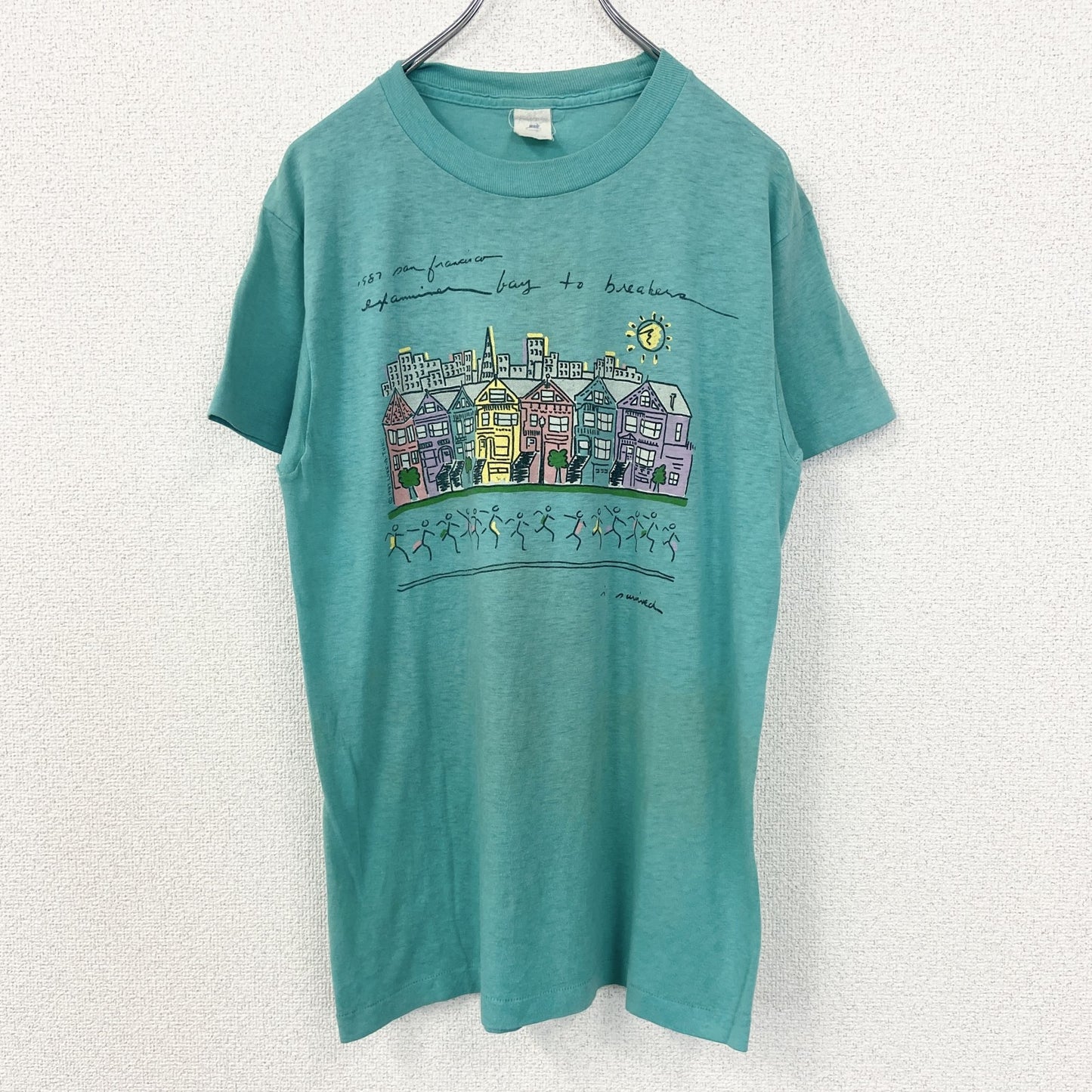 古着 used　半袖プリントTシャツ　街並み　カラフル　カジュアルデザイン　青　ブルー　シングルステッチ　90s　Lサイズ