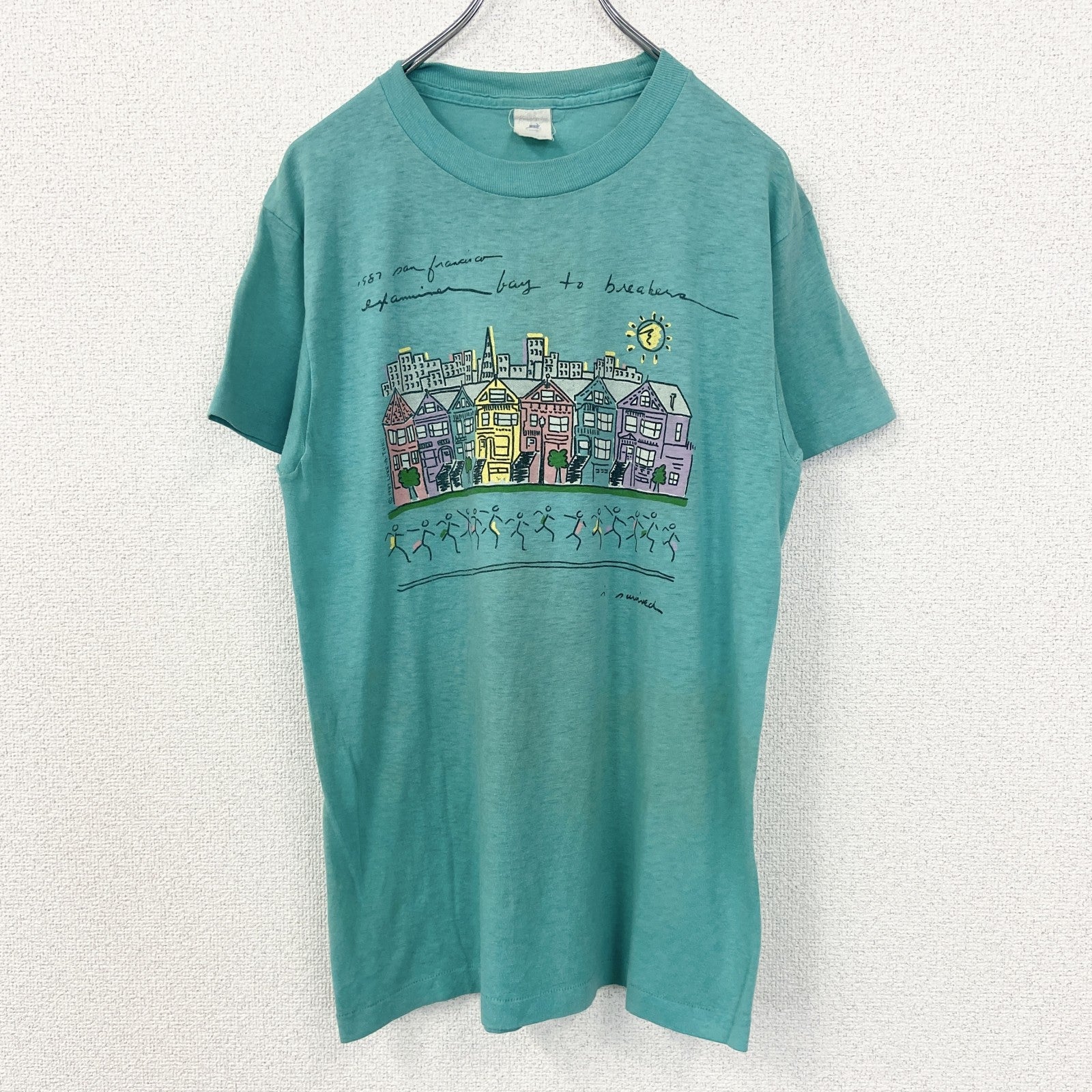 古着 used　半袖プリントTシャツ　街並み　カラフル　カジュアルデザイン　青　ブルー　シングルステッチ　90s　Lサイズ