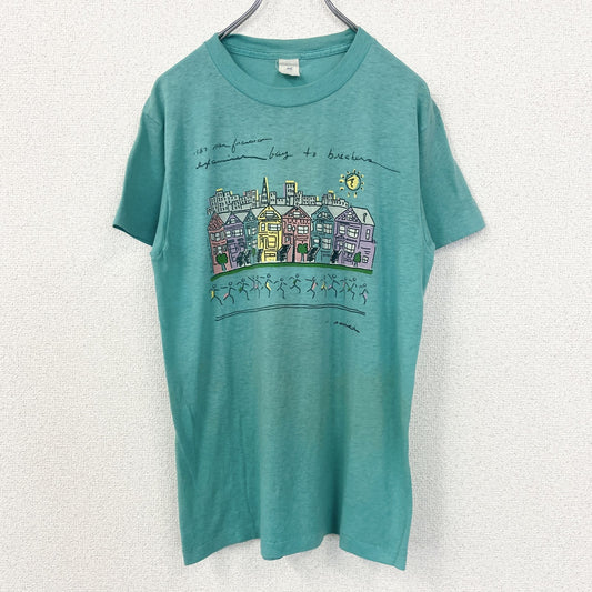 古着 used　半袖プリントTシャツ　街並み　カラフル　カジュアルデザイン　青　ブルー　シングルステッチ　90s　Lサイズ