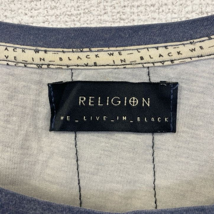 古着 used　RELIGION　レリジョン　半袖プリントTシャツ　ドクロ　スター　ワンポイント刺繍　ブルー　ホワイト　Sサイズ