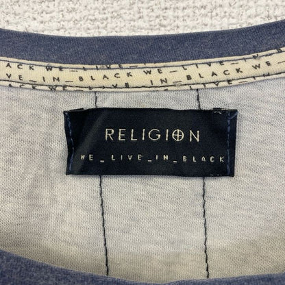 古着 used　RELIGION　レリジョン　半袖プリントTシャツ　ドクロ　スター　ワンポイント刺繍　ブルー　ホワイト　Sサイズ