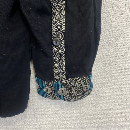 古着 used　長袖プリント総柄シャツ　比翼ボタン　レトロデザイン　ストライプ　個性的　黒　ブラック　Mサイズ