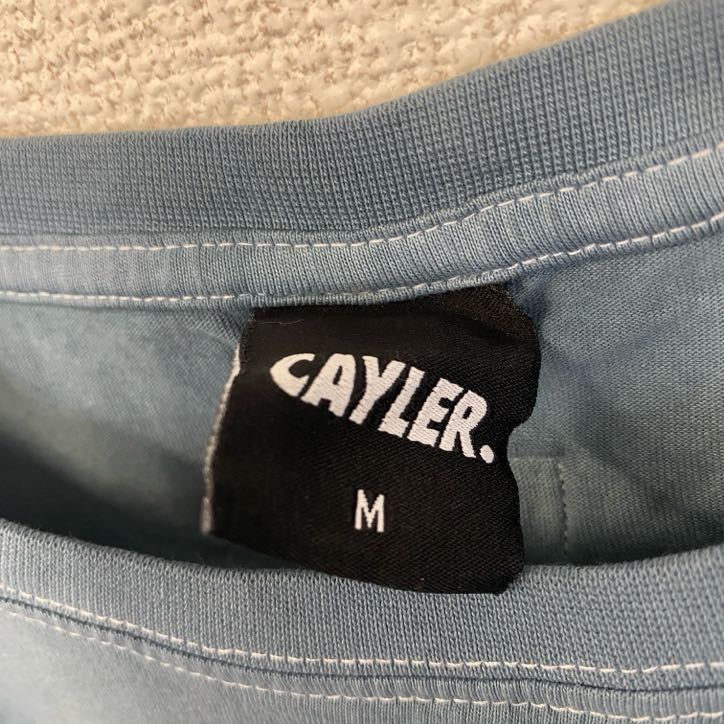 古着 used　CAYLER　ケイラー　半袖ワンポイント刺繍Tシャツ　バックプリント　レトロデザイン　青　ブルー　Mサイズ