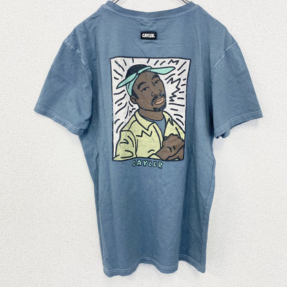 古着 used　CAYLER　ケイラー　半袖ワンポイント刺繍Tシャツ　バックプリント　レトロデザイン　青　ブルー　Mサイズ