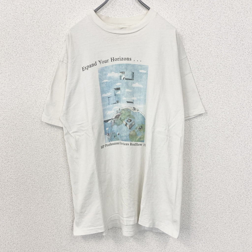 古着 used　Hanes ヘインズ　半袖プリントTシャツ　シングルステッチ　90s　US製　カジュアルデザイン　白　Lサイズ