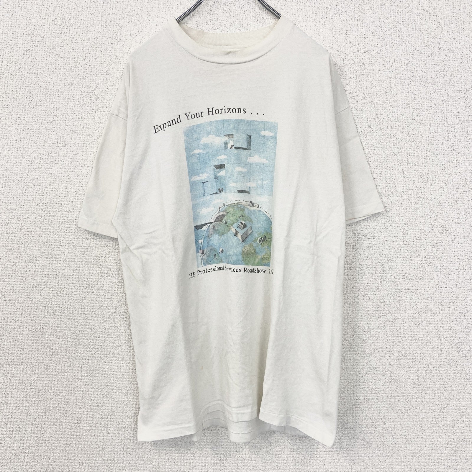 古着 used　Hanes ヘインズ　半袖プリントTシャツ　シングルステッチ　90s　US製　カジュアルデザイン　白　Lサイズ