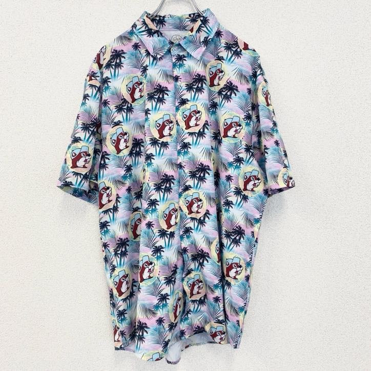 古着 used　半袖プリント総柄シャツ　BUC-EE'S　バッキーズ　キャラクター　レトロデザイン　アロハ　カラフル　XLサイズ