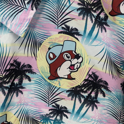 古着 used　半袖プリント総柄シャツ　BUC-EE'S　バッキーズ　キャラクター　レトロデザイン　アロハ　カラフル　XLサイズ