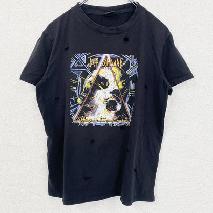 古着 used　半袖プリントTシャツ　デフ・レパード　ヒステリア　アルバムジャケット　ダメージ加工　黒　ブラック　Sサイズ