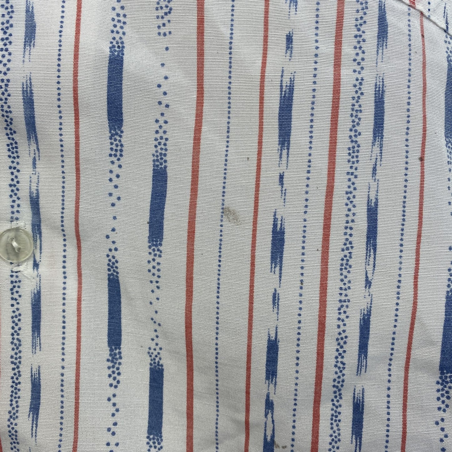 古着 used　半袖プリント総柄シャツ　開襟　レトロデザイン　アロハ　ストライプ柄　胸ポケット　Mサイズ