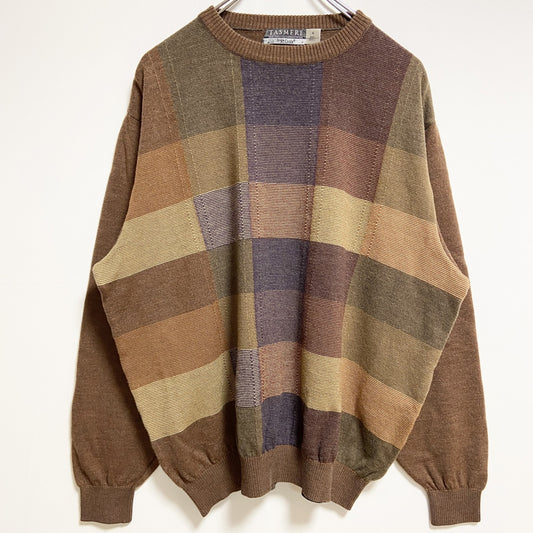 古着 used　USA製　TASMERE　長袖チェック柄クルーネックニット　セーター　茶色　ブラウン　ビッグシルエット　XLサイズ