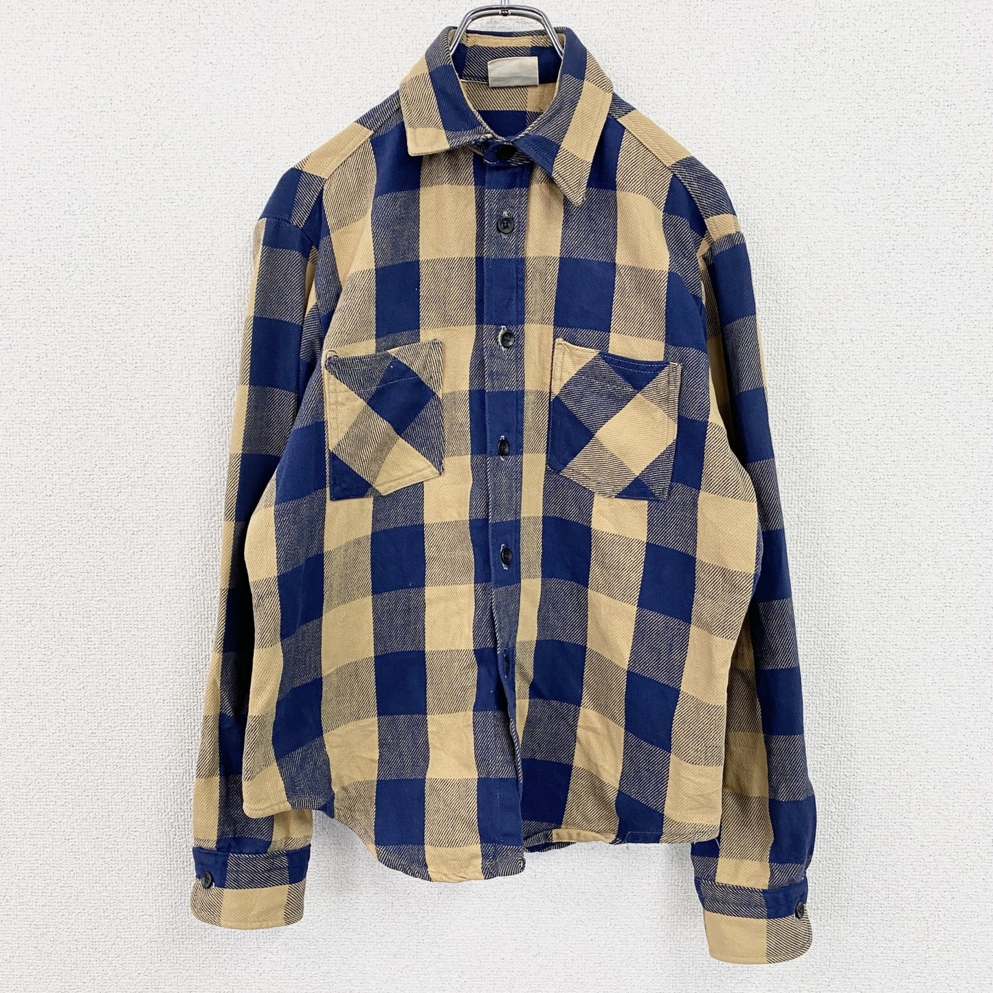 ～80s　Fieldmaster　Sears　長袖シャツ　ネルシャツ　チェック柄　ブルー　イエロー　Mサイズ