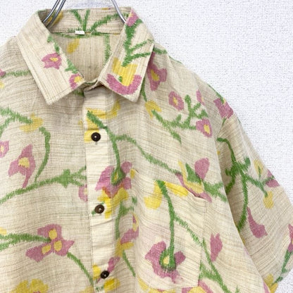 古着 used　半袖プリント総柄シャツ　レトロデザイン　葉っぱ　草　リーフ　胸ポケット　植物　ベージュ　XLサイズ